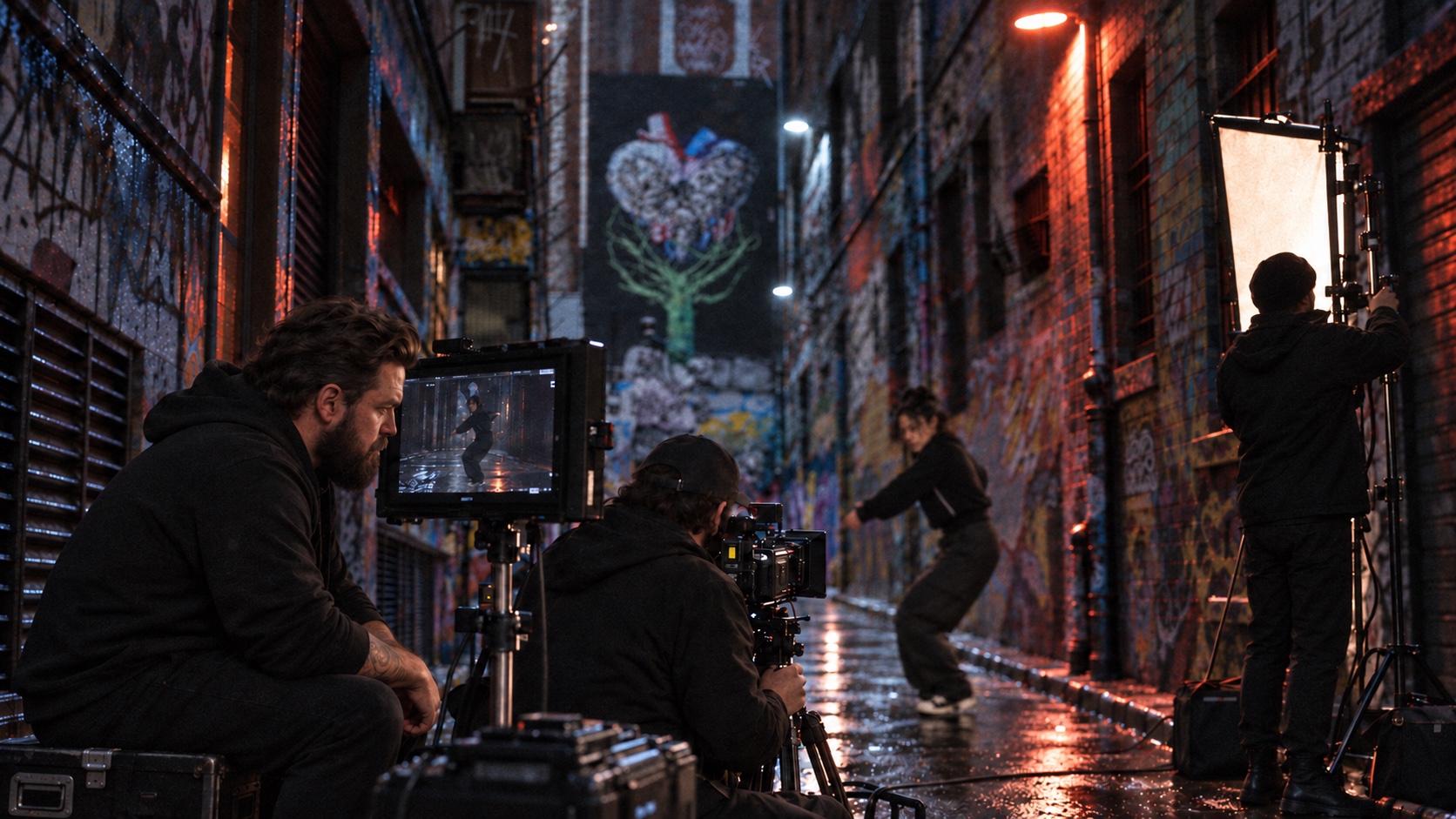 AI-generated image depicting KALUS in a black hoodie beside a camera in the heart-mural laneway.